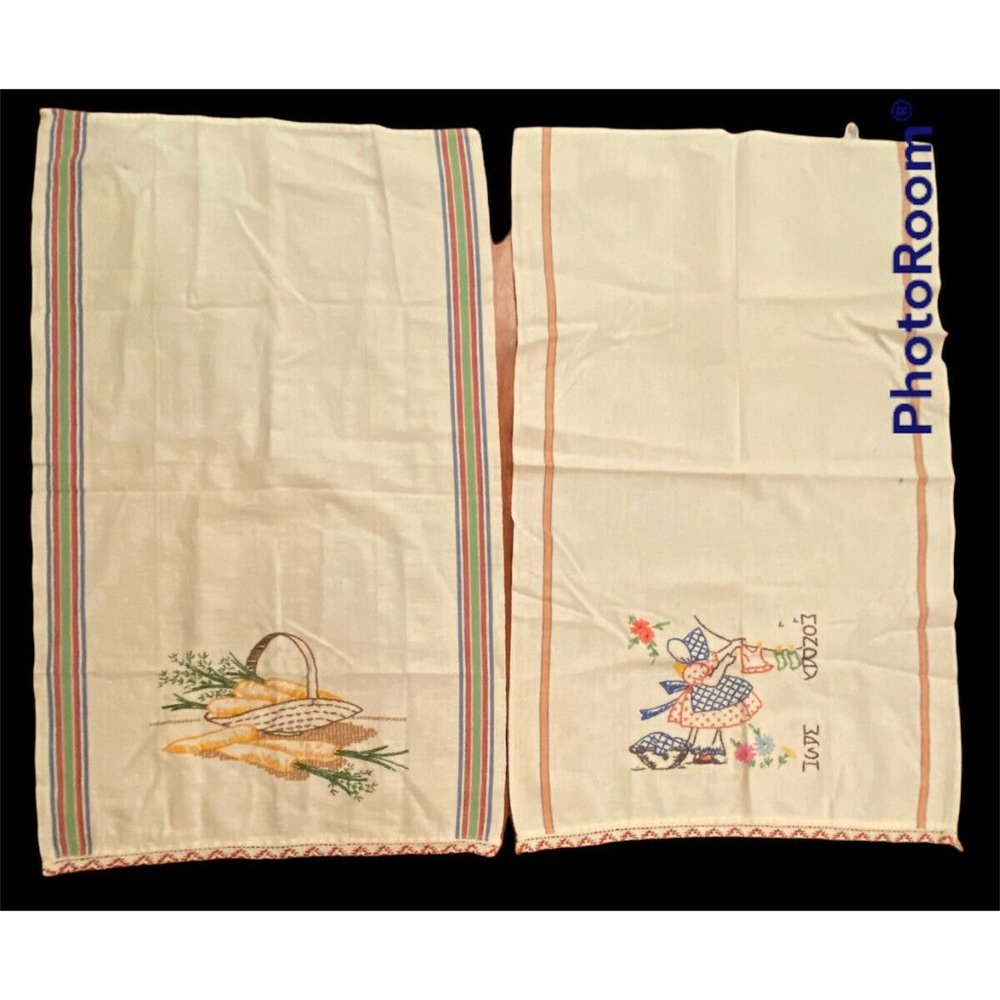 Vtg Canon Kitchen Dish Tea Towel Set of 2 Hand Embroidered Dutch